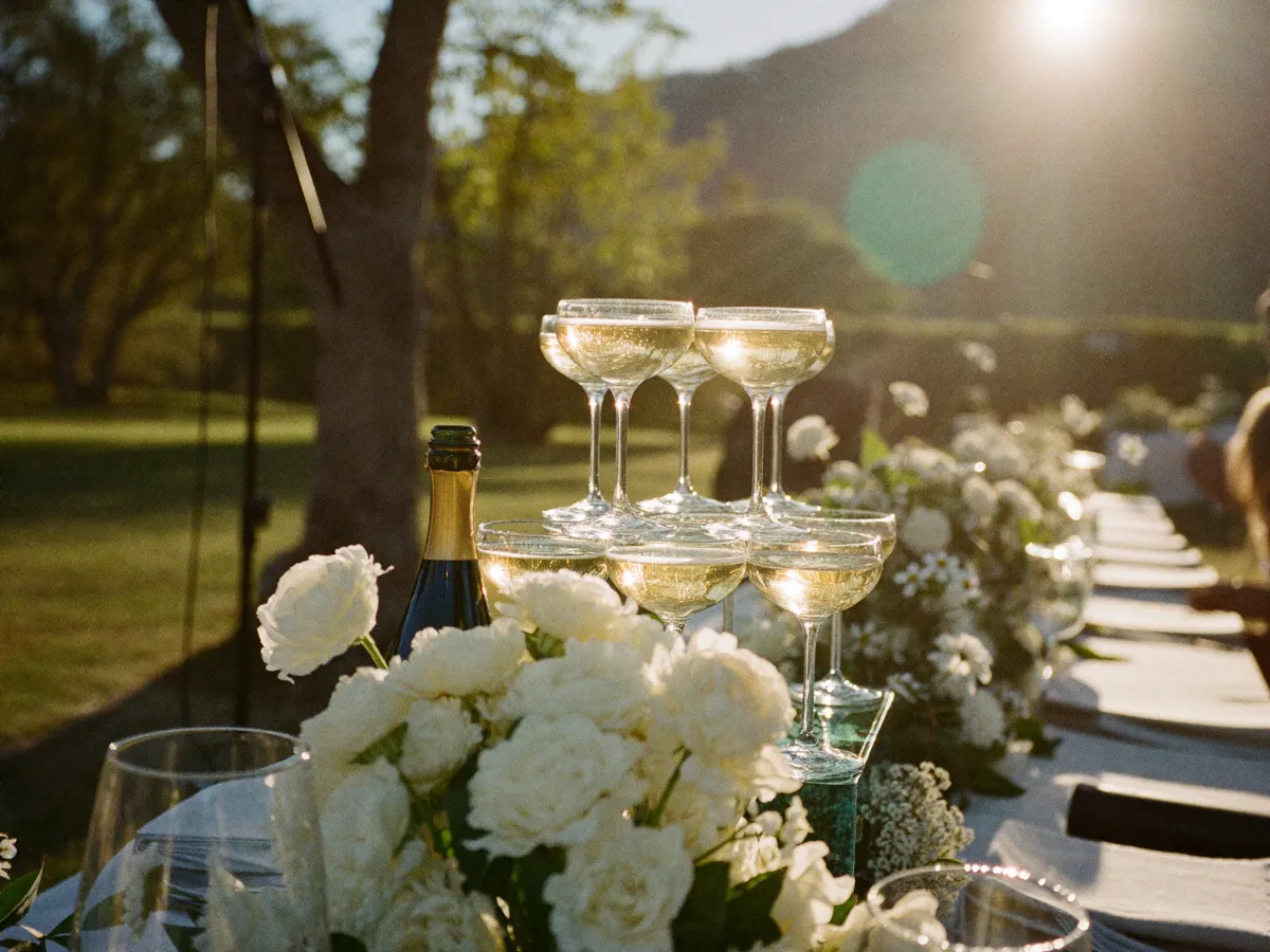 Sektempfang im Garten mit Champagner-Gläsern im goldenen Abendlicht