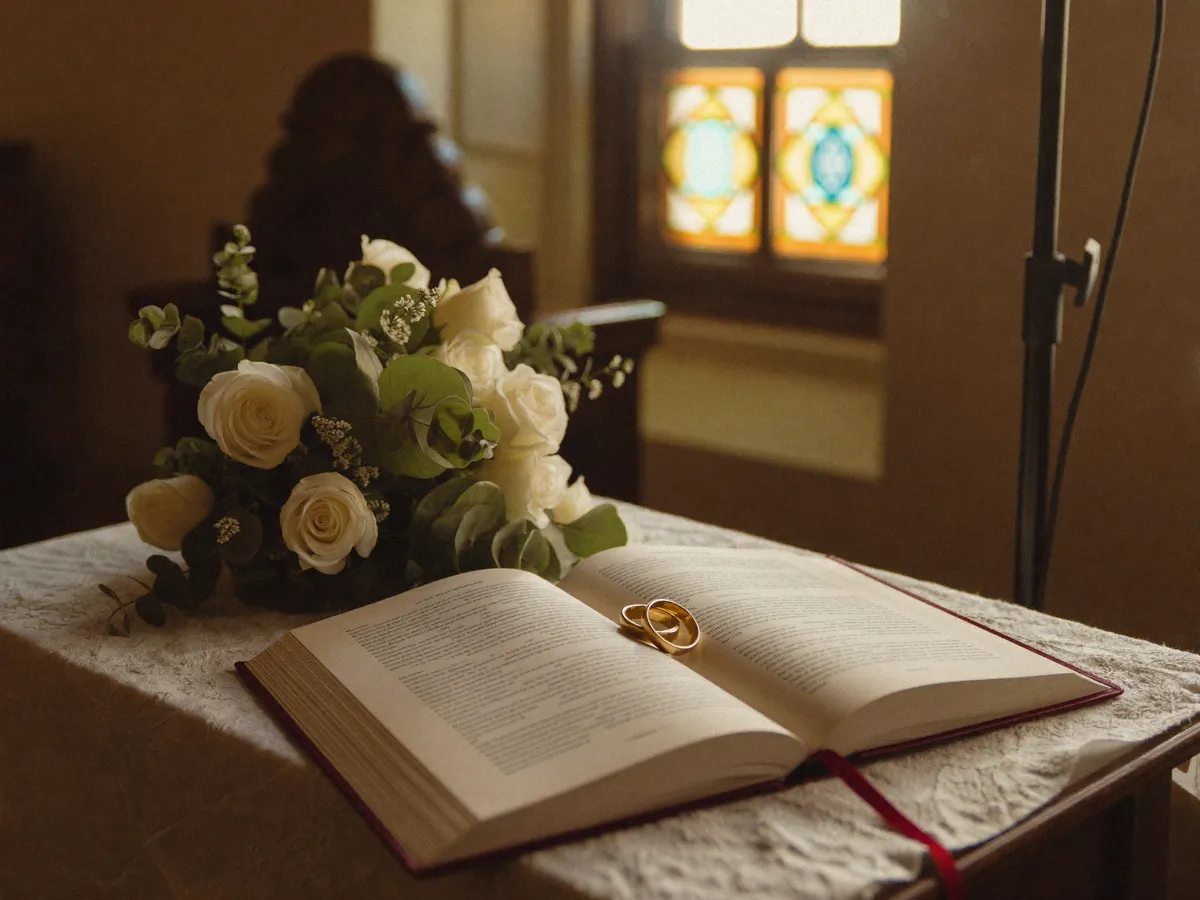 Trauringe auf einem Buch, Blumen und Kirchenfenster im warmen Licht